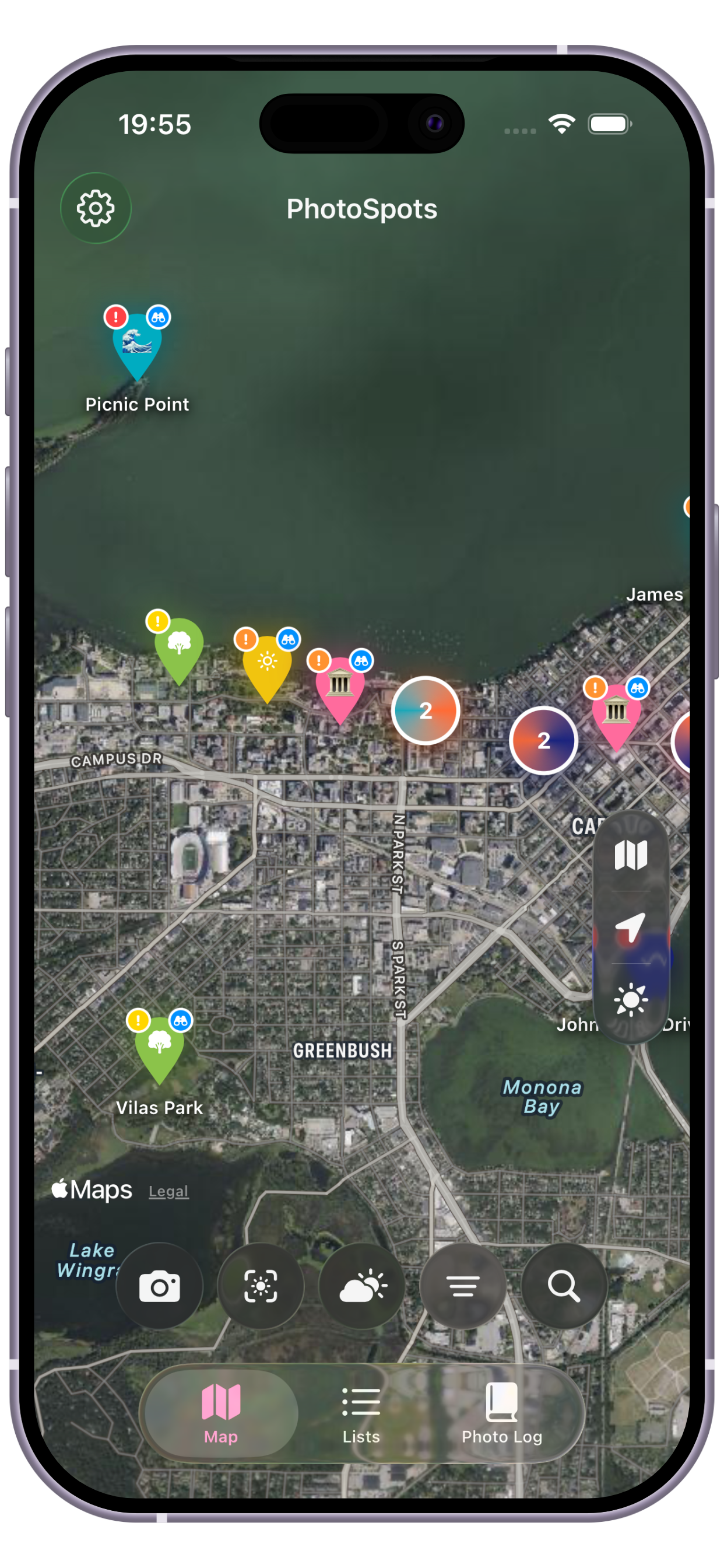 PhotoSpots satellite map view