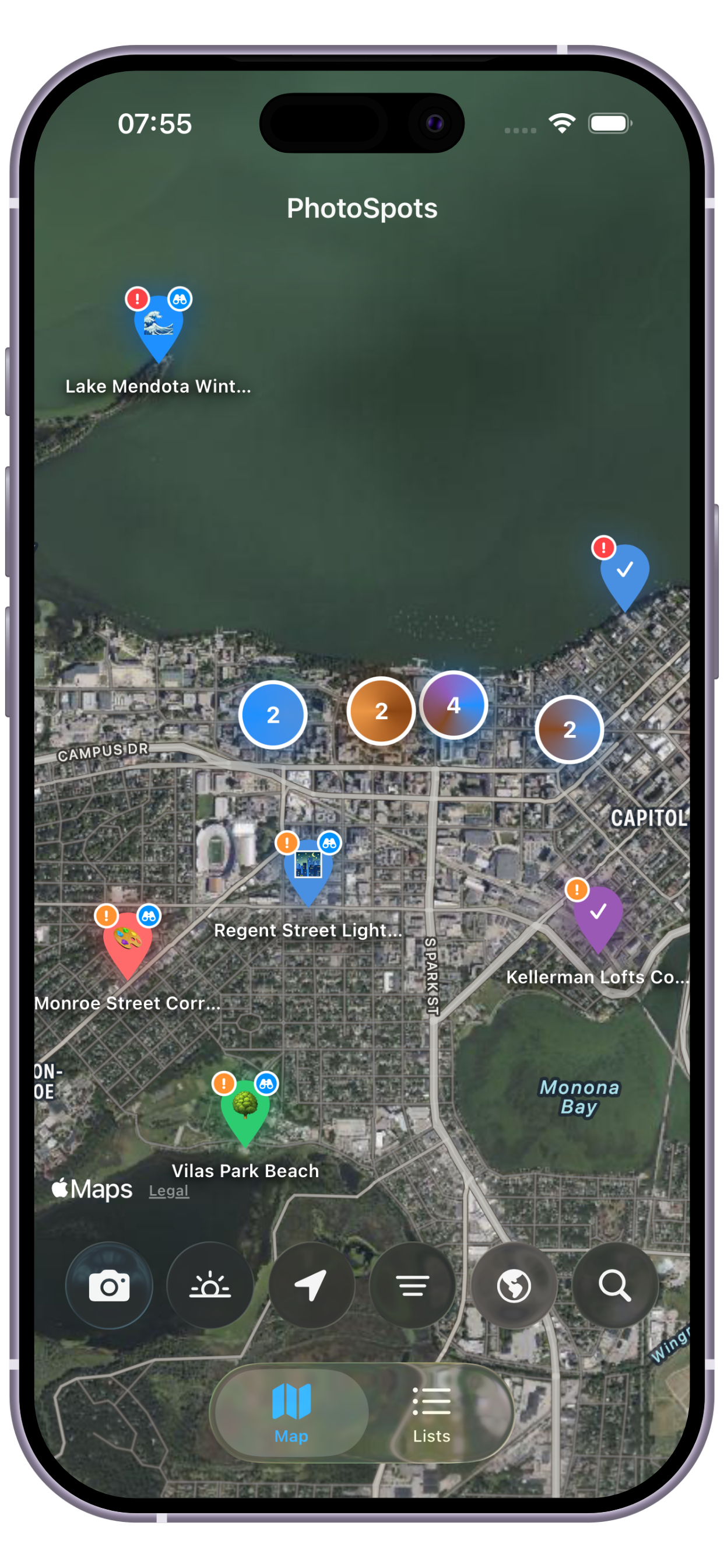 PhotoSpots satellite map view