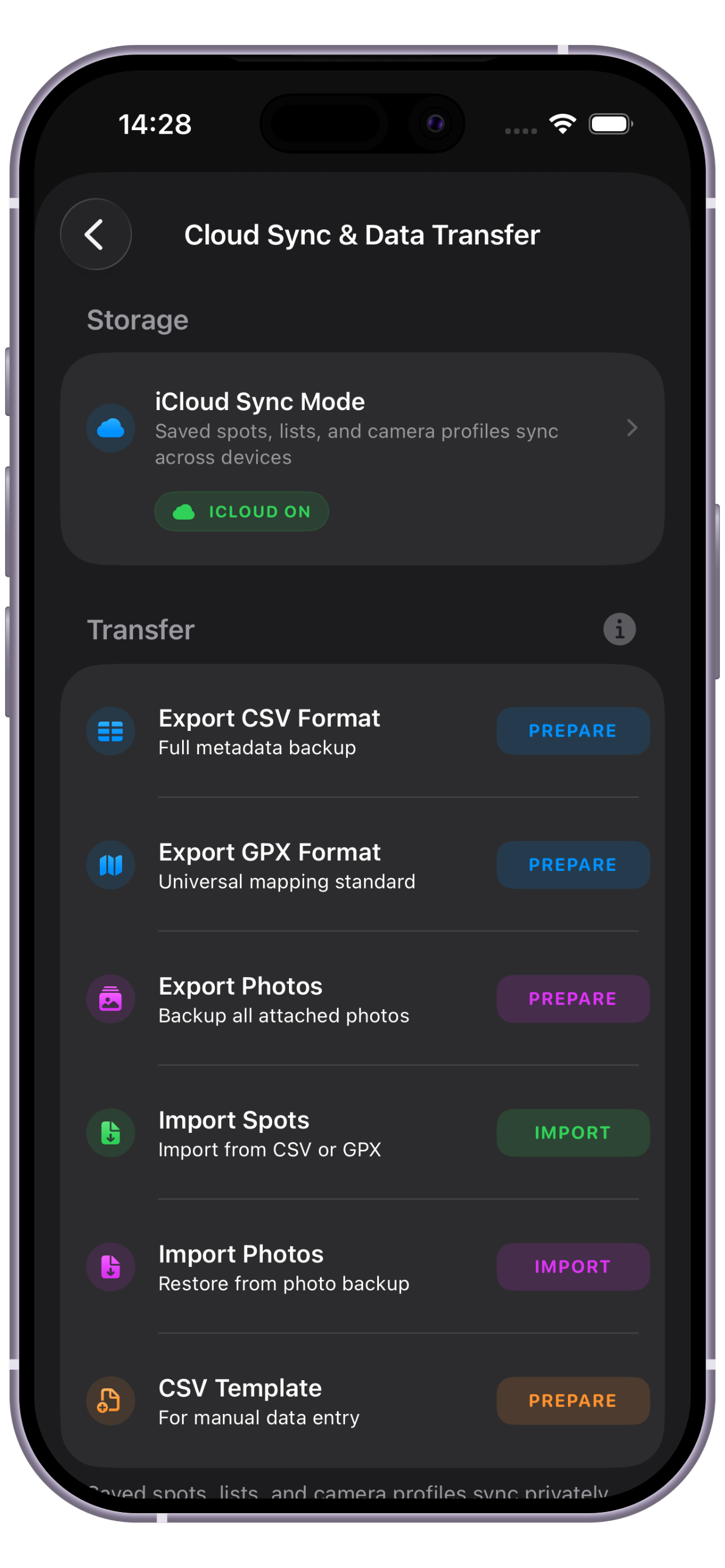 PhotoSpots iCloud sync settings and device synchronization