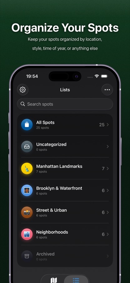 PhotoSpots list organization screenshot