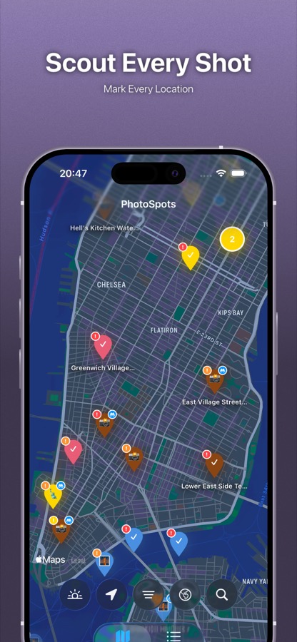 PhotoSpots map view showing saved photography locations
